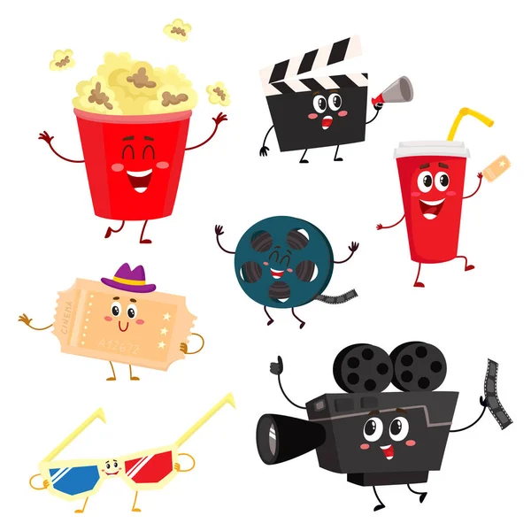 Lindo y divertido cine, personajes de cine, símbolos, iconos — Vector de stock