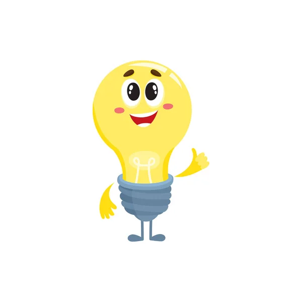 Personagem bonito lâmpada com rosto engraçado, mostrando polegar para cima — Vetor de Stock