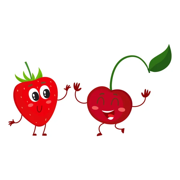 Lindo, divertido estilo cómico jardín fresa y cereza personajes — Vector de stock
