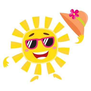 Yaz güneş karakter hasır şapka tutan ve gülümseyen güneş gözlüğü