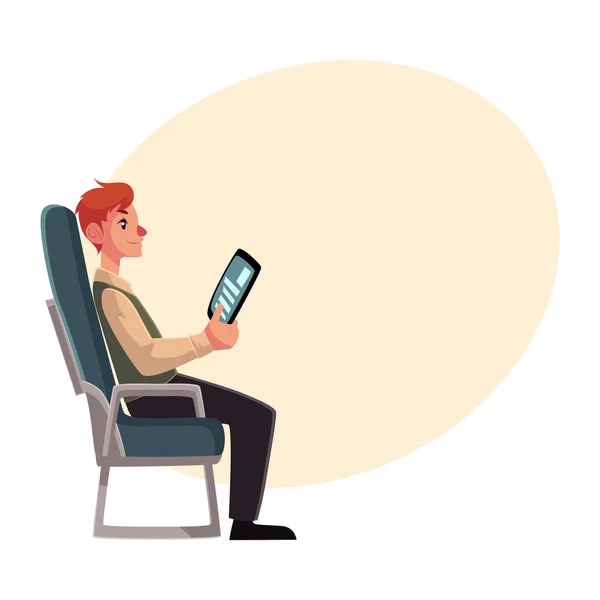 Jovem sentado em avião, classe econômica, segurando um tablet — Vetor de Stock