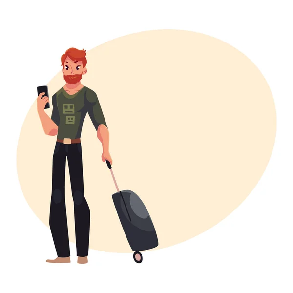 Ung man med resväskor och telefon i jeans t-shirt — Stock vektor