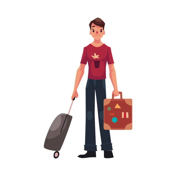 年轻男子穿着牛仔裤和 t 恤带两个行李箱旅行 — 图库矢量图片