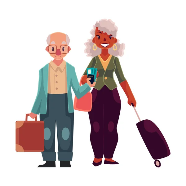 Vecchia coppia di uomini e donne con valigie in aeroporto — Vettoriale Stock