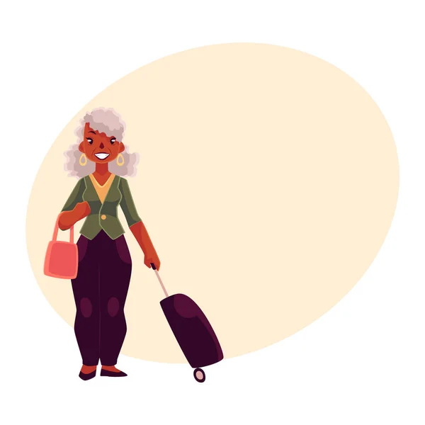 Velho, mulher afro-americana sênior com mala e bolsa — Vetor de Stock
