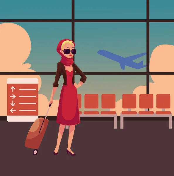 スーツケースと赤いドレスのきれいな女性 — ストックベクタ