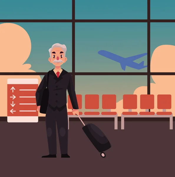 Vecchio uomo anziano in completo nero con valigia in aeroporto — Vettoriale Stock