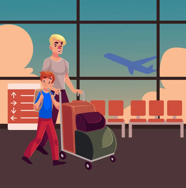 Jeune homme poussant chariot à bagages avec sa fille tenant la caméra — Image vectorielle