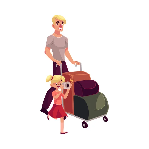 Joven empujando el carro de equipaje con su hija sosteniendo la cámara — Vector de stock