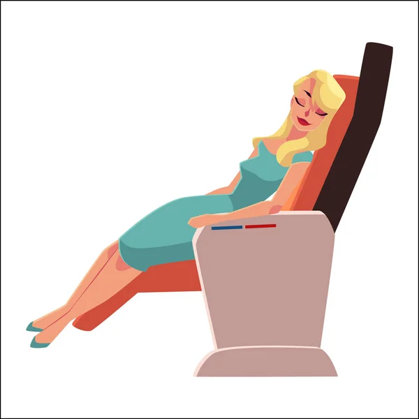 Beautiful blond woman sleeping in airplane business class seat — Stock Vector