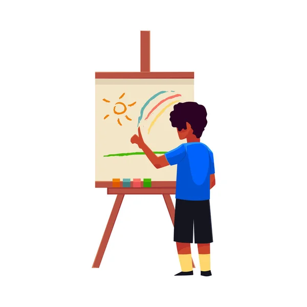 Niño pintando sol y arco iris en caballete con los dedos — Vector de stock