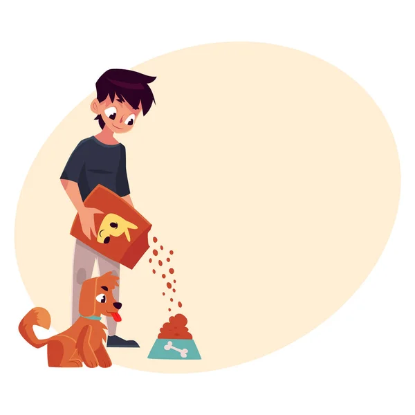 Retrato completo de niño dando comida a cachorro, perro — Vector de stock