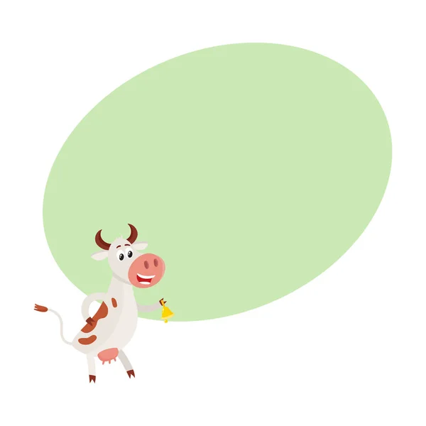 Spotted cow standing on hind legs and ringing a bell — Stock Vector