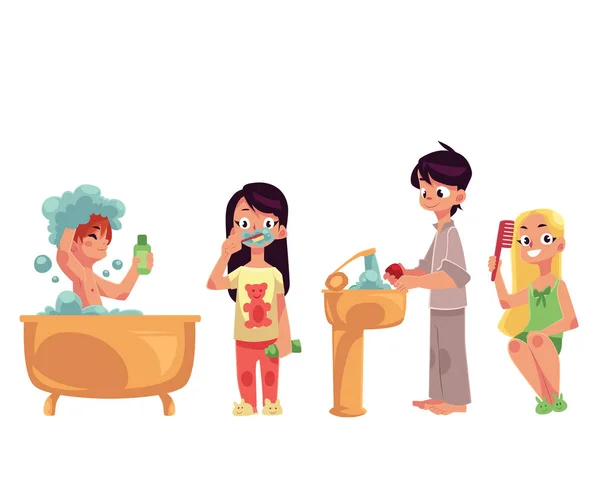 Niños, niños tomando baño, cepillándose los dientes, lavándose las manos, peinando el cabello — Archivo Imágenes Vectoriales
