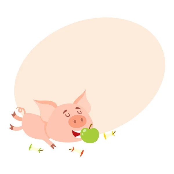 Petit cochon drôle couché et mangeant de la pomme, trois souches autour — Image vectorielle