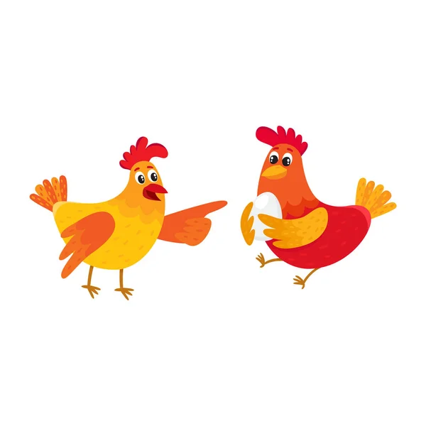 Dos graciosas gallinas de dibujos animados apuntando a algo y levantando alas — Vector de stock