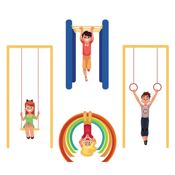 Kinder auf dem Spielplatz, hängen und klettern an Affenstangen, schaukeln — Stockvektor