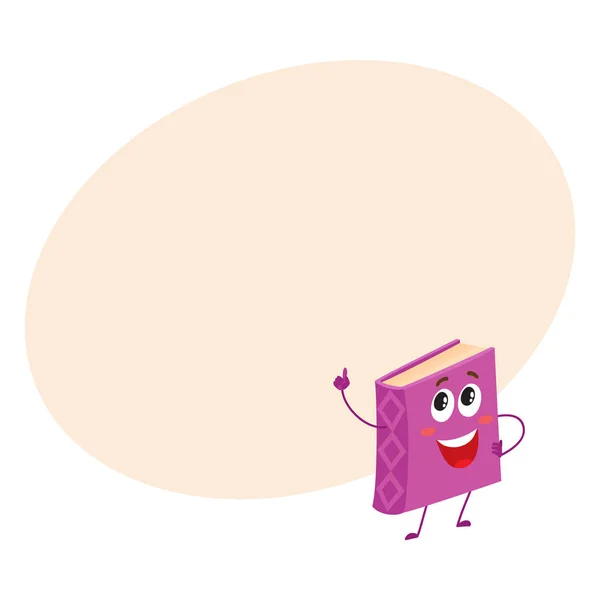 Personaje divertido libro púrpura apuntando hacia arriba con el dedo índice — Vector de stock