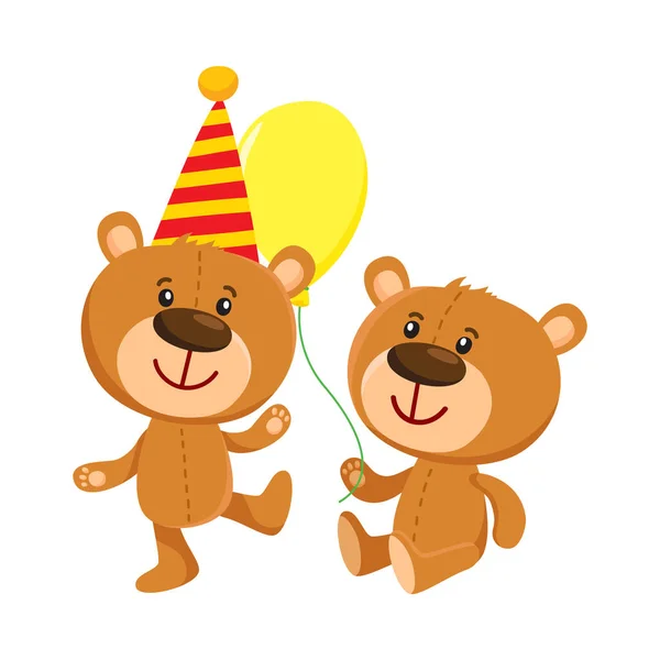 Niedliche Teddybär-Figuren in Geburtstagskappe und mit Luftballon — Stockvektor