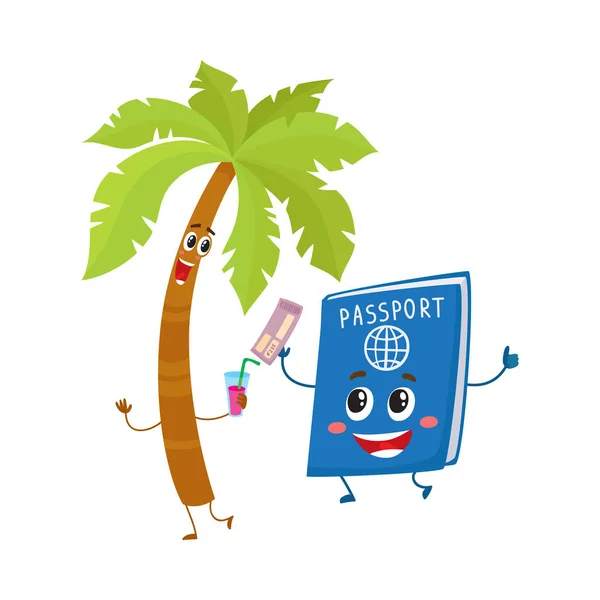 Vicces palm tree és a passport karakterek, utazás, Nyári nyaralás szimbólum — Stock Vector