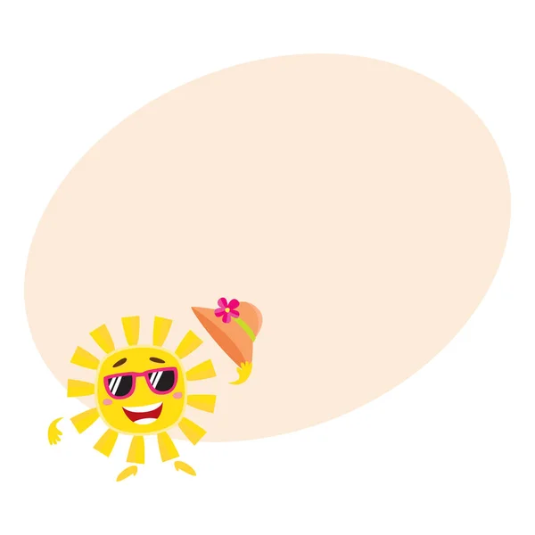 Yaz güneş karakter hasır şapka tutan ve gülümseyen güneş gözlüğü — Stok Vektör