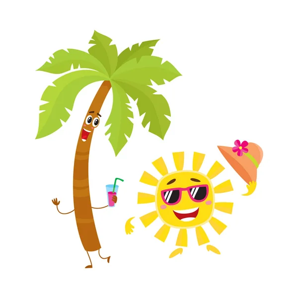 Grappige palm tree en zon tekens, reizen, zomer vakantie symbool — Stockvector