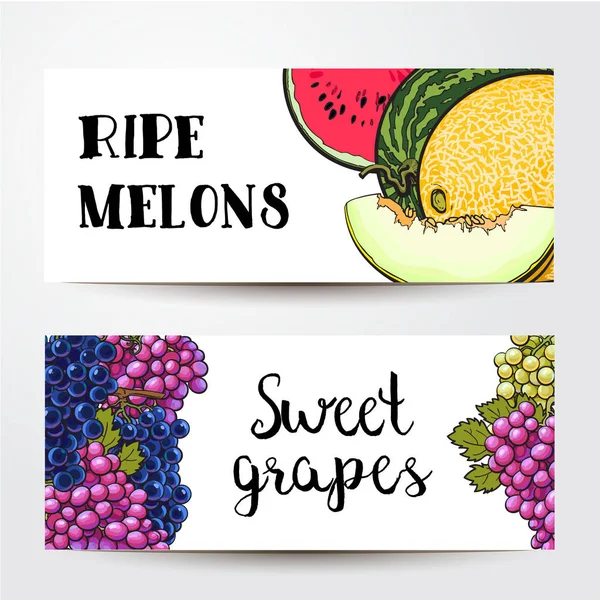 Banners de uvas y melón, sandía con lugar para texto — Archivo Imágenes Vectoriales