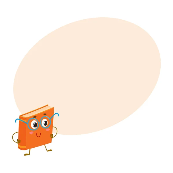 Personaje divertido libro naranja en gafas nerd azul redondo — Vector de stock