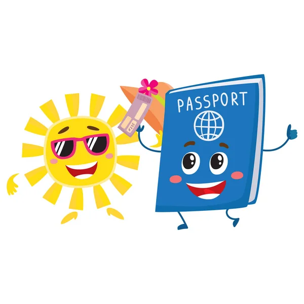 Personajes de sol y pasaporte, vacaciones, concepto de vacaciones de verano — Archivo Imágenes Vectoriales