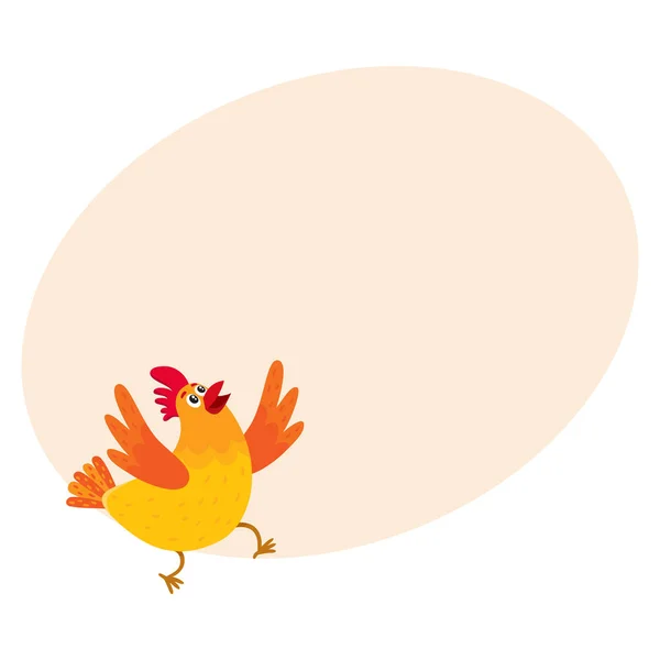 Funny cartoon chicken, hen surprised or jumping from happiness — Stock Vector