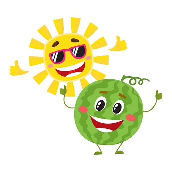 Bonito, engraçada melancia e personagens do sol, hora quente de verão — Vetor de Stock