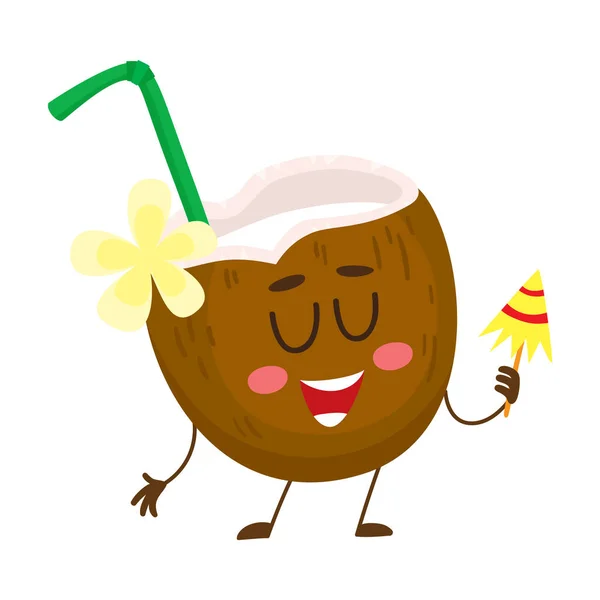Exotic cocktail in coconut, funny character, summer vacation concept - Stok Vektor