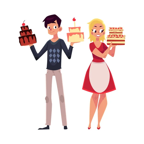 Молодая пара, родитель, мужчина и женщина держат торты на день рождения — стоковый вектор