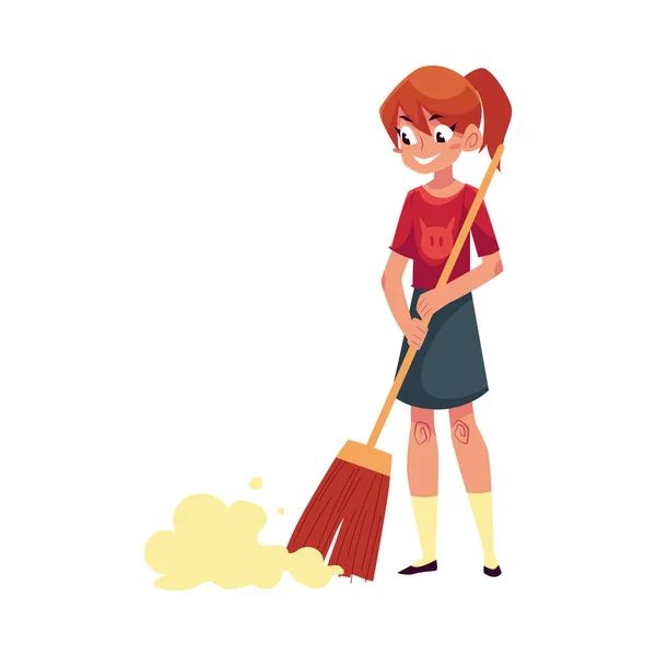 Gadis remaja membantu membersihkan rumah, menyapu lantai dengan sapu - Stok Vektor