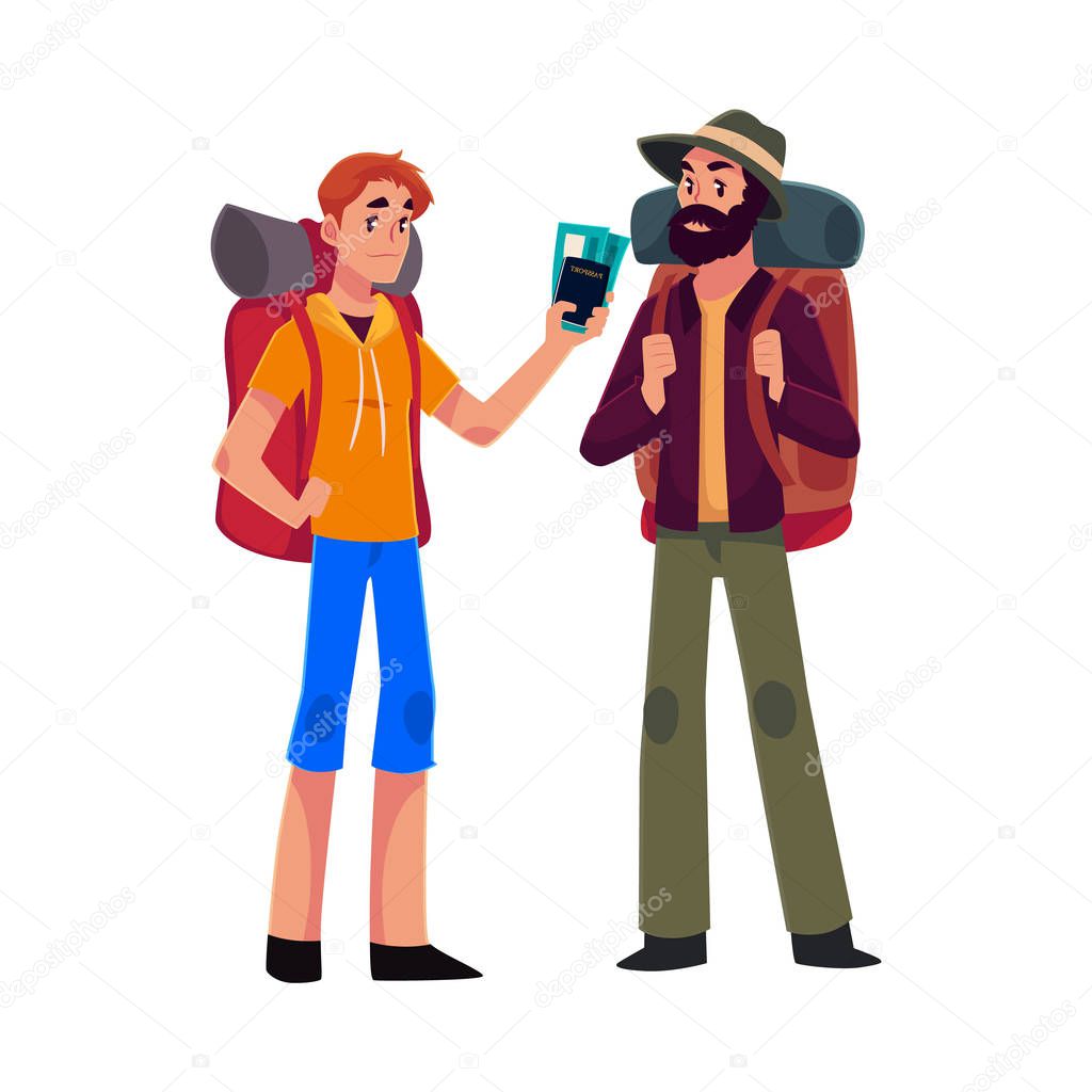 Two man travelling, hitchhiking with backpacks and ticket