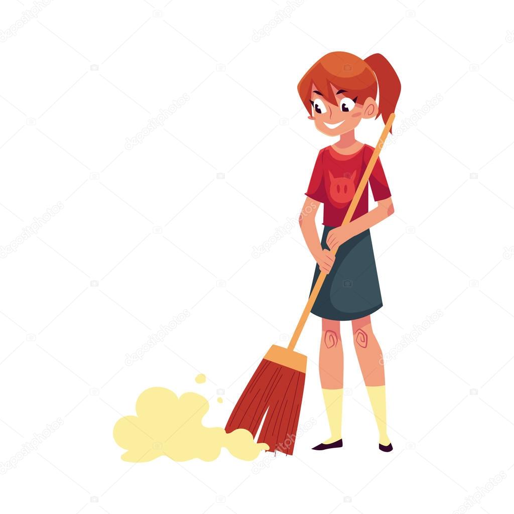 Tienermeisje helpen schoon huis, vegen de vloer met bezem — Stockvector