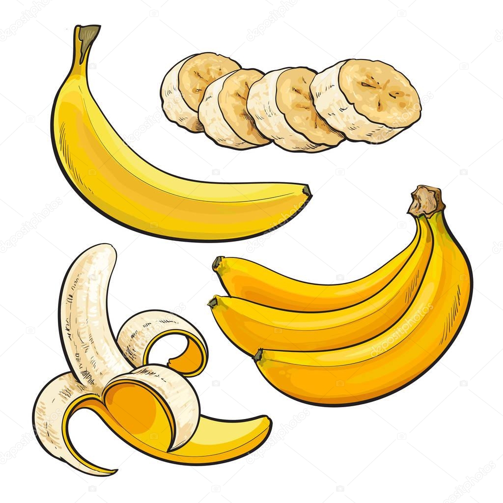 Sliced, peeled, singl and bunch of three ripe banana