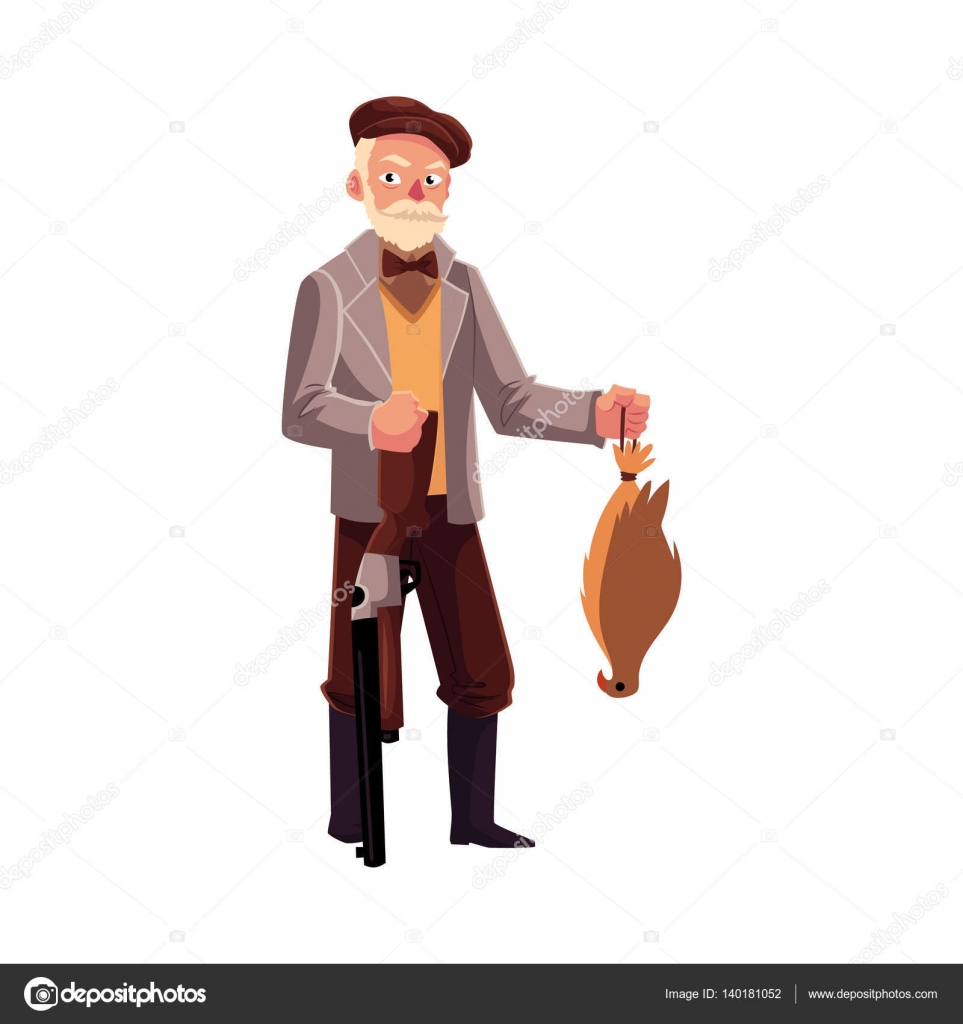 Funny hunter in jacket standing, holding rifle and falcon Stock Vector  Image by ©Sabelskaya #140181052