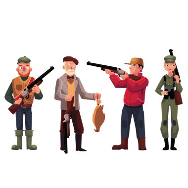 Male and female hunters - old fashioned, modern, military style clipart