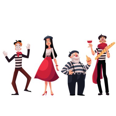French people, mimes holding cheese, baguette, wine, symbols of France clipart