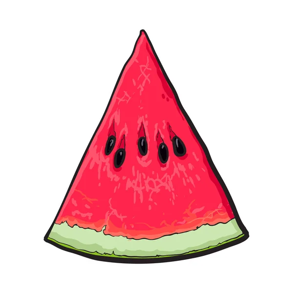 Trekantig bit av mogen vattenmelon, skiss stil vektorillustration — Stock vektor