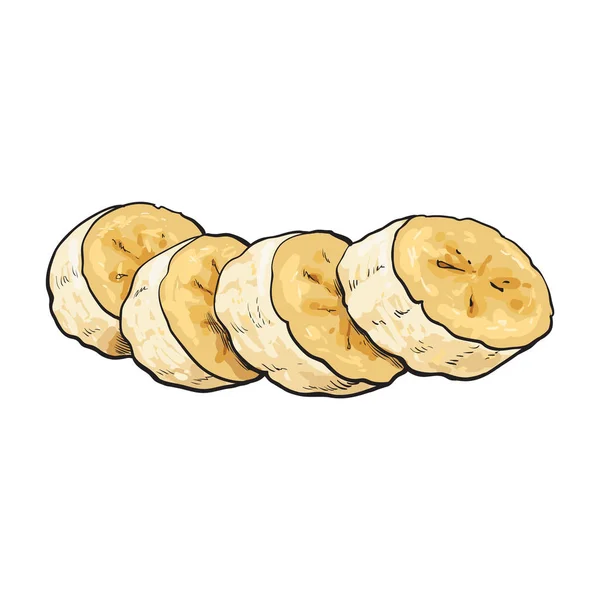 Rebanado, plátano maduro sin pelar picado, ilustración vectorial de estilo de boceto — Vector de stock