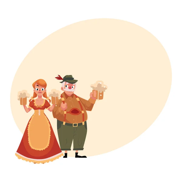Jonge man en vrouw in traditionele Duitse, Beierse Oktoberfest kostuum — Stockvector