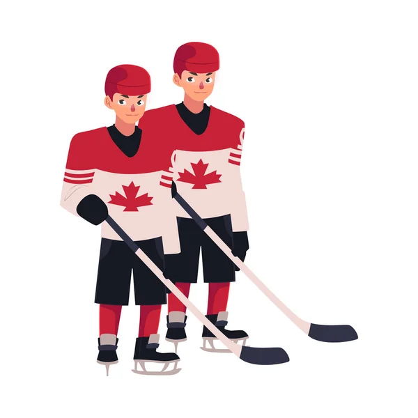Dois jogadores de hóquei em uniforme canadense de pé e segurando paus — Vetor de Stock