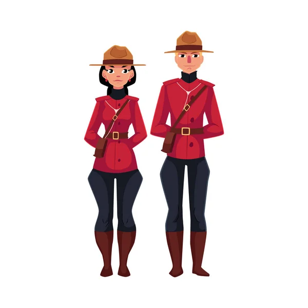 Canadense masculino e feminino policial em uniforme tradicional —  Vetores de Stock