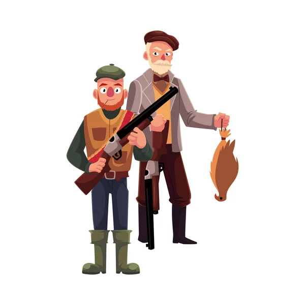 Dois caçadores, um moderno, outro cavalheiro à moda antiga com falcão — Vetor de Stock