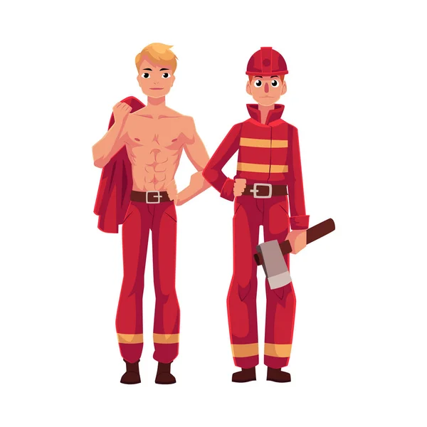 Dois bombeiros, bombeiros, um no trabalho, outro com tronco nu —  Vetores de Stock