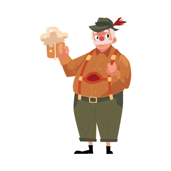 Homem mais velho em tradicional alemão, Bavarian Oktoberfest traje segurando cerveja — Vetor de Stock