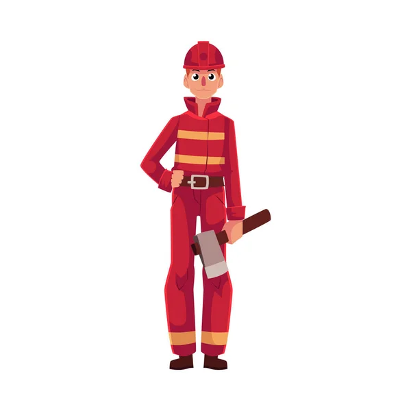 Bombeiro, bombeiro de fato de protecção vermelho segurando machado na mão —  Vetores de Stock