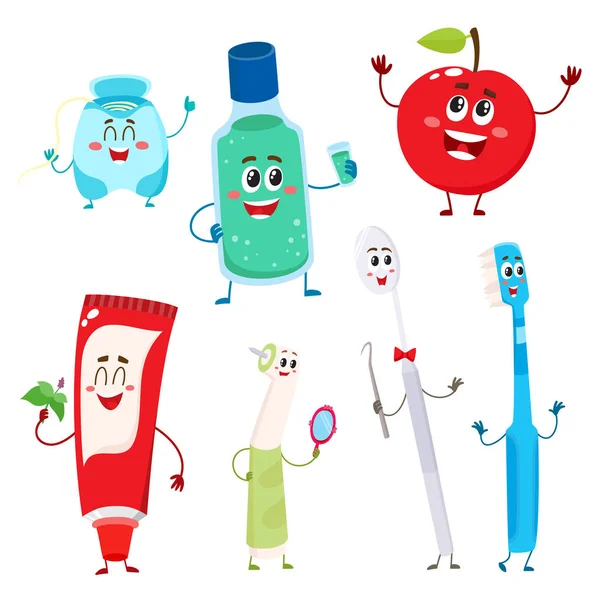 Dental instruments and teeth hygiene items as funny characters — Stock Vector